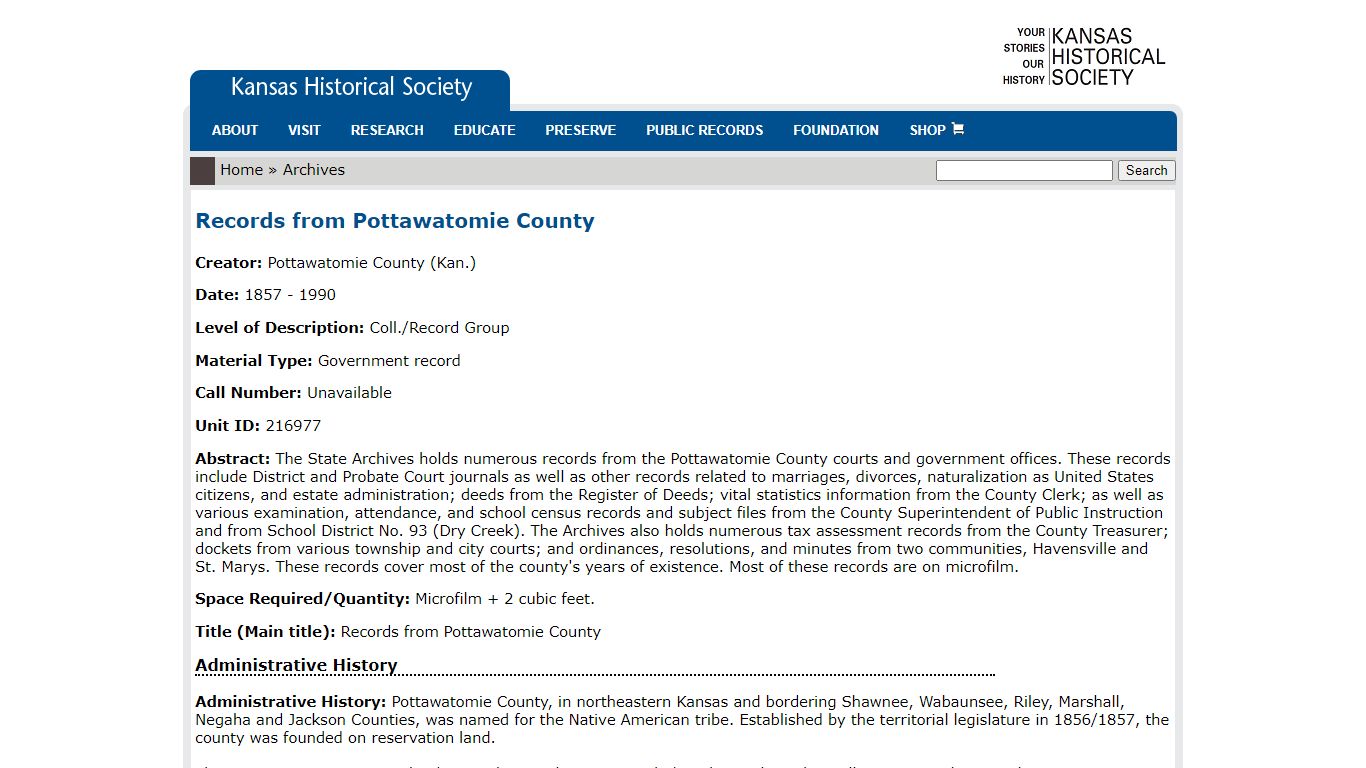 Records from Pottawatomie County - Kansas Historical Society